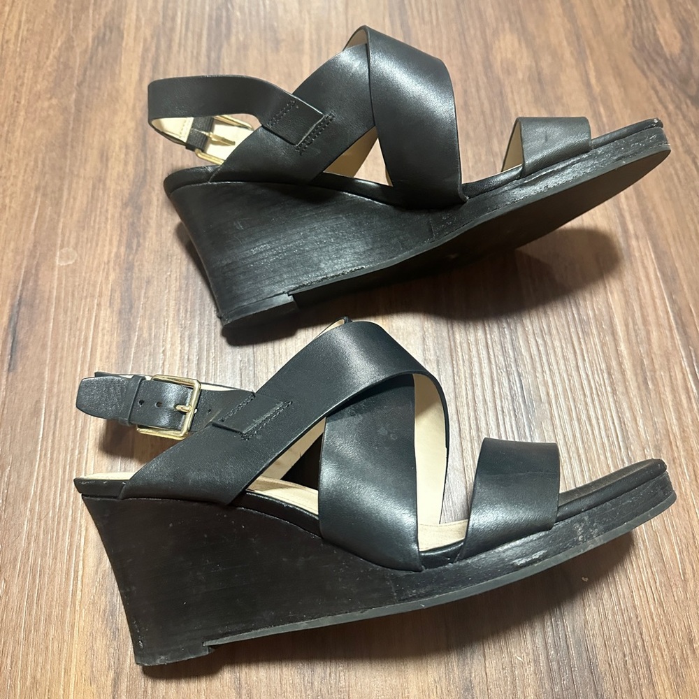 Cole Haan Penelope Black Leather Strappy Wedge Heels Sandals